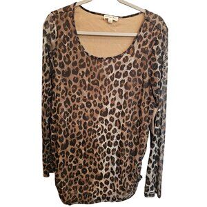 Indigo Rose Top Blouse Leopard Print Long Sleeve Size L Polyester Spandex NWOT